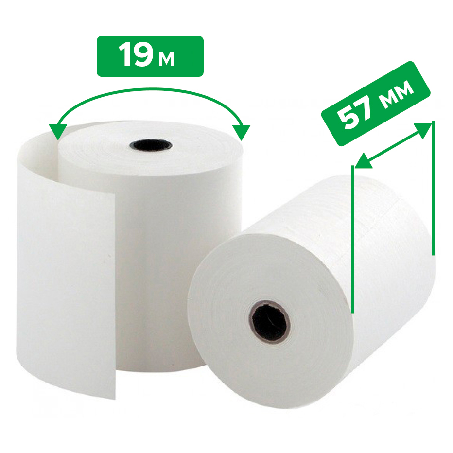 Термопапір у рулонах покритий спеціальним реактивним шаром (Касова стрічка), довжина 19 м., ширина 57 мм, щільність 48 гр/м2, втулка 12 мм БІОРІН